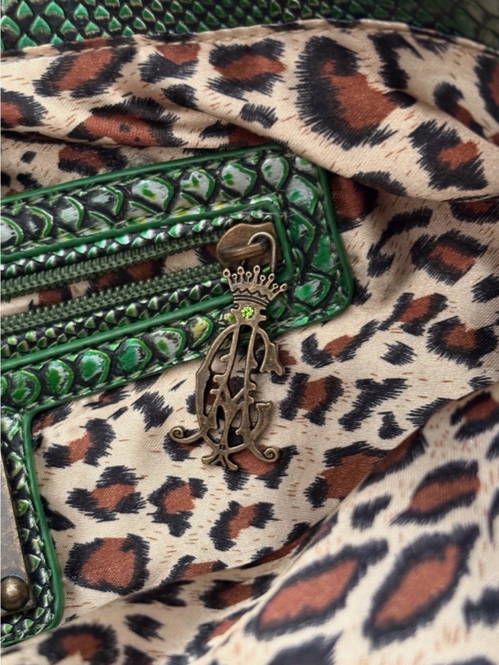RARE Christian Audigier Emerald Metallic Snakeskin Tote Bag Rhinestone Y2K - Picture 6 of 8